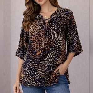 VENINI 1990s Navy Blue Loud Mixed Leopard Print Lace-up Tunic